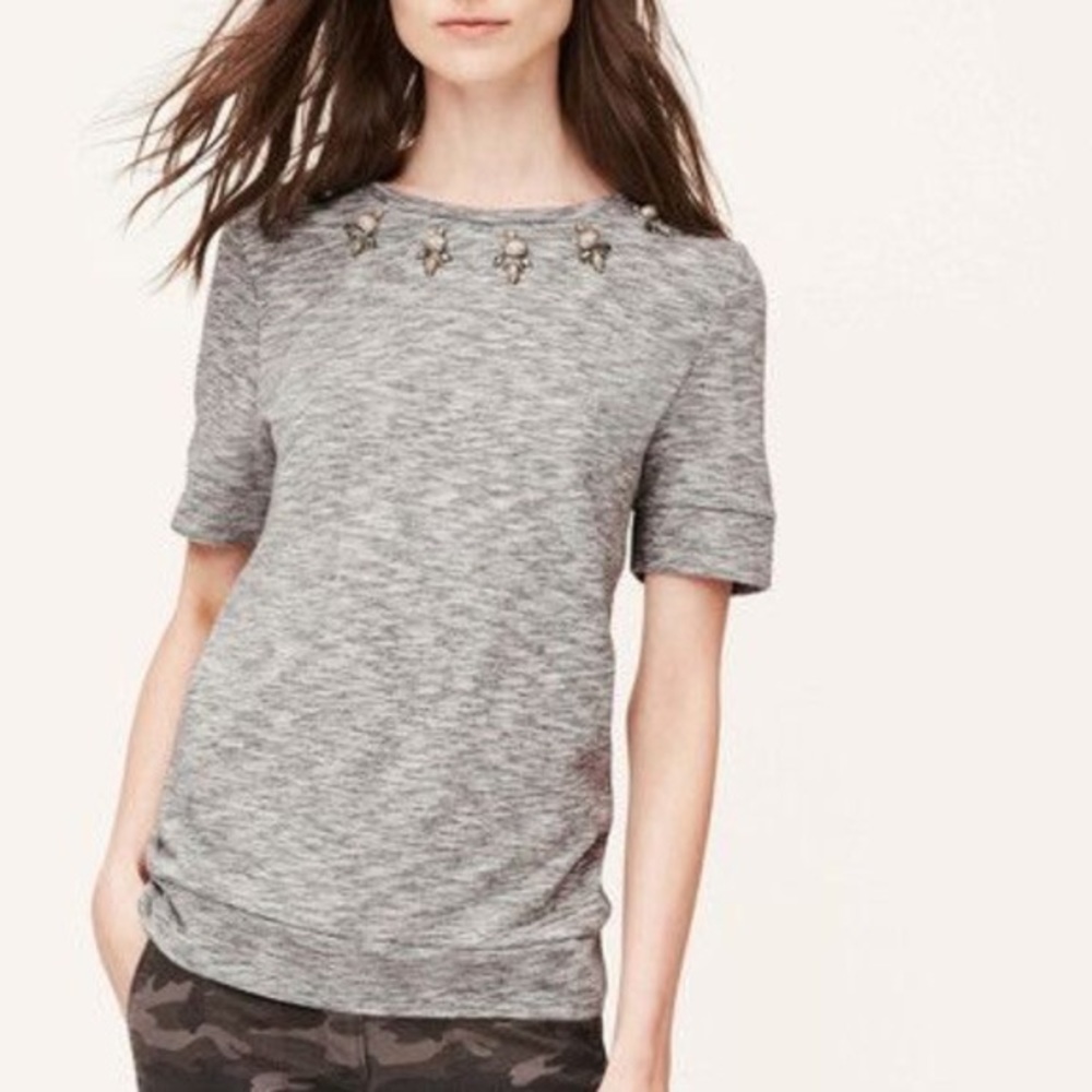 LOFT Embellished Jewel Heather Grey Size Small Short Sleeve Top